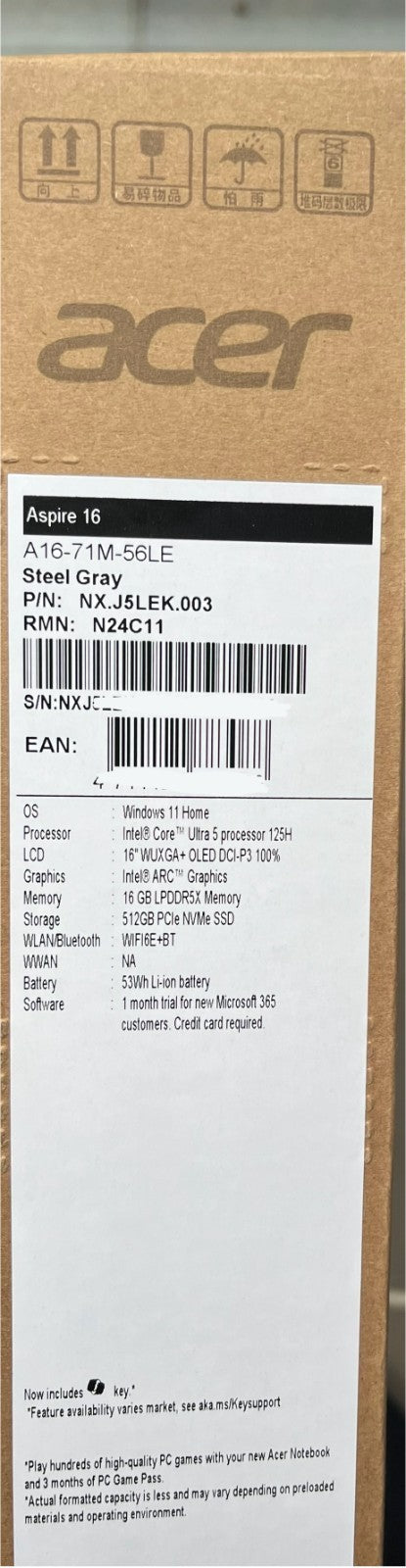 Acer Aspire 16 2K OLED Laptop Intel Ultra 5 125H 16GB RAM 512GB SSD NX.J5LEK.003