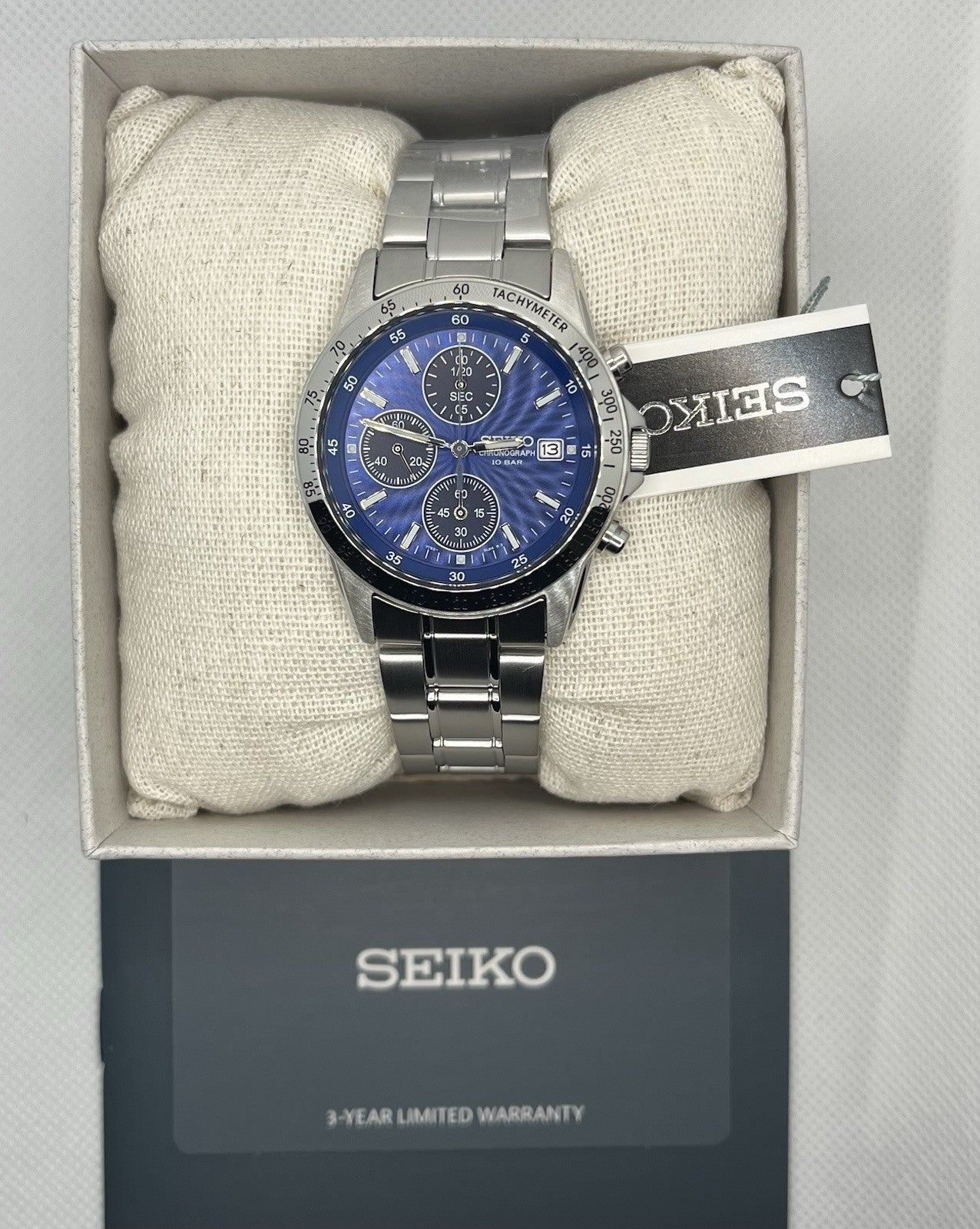 Seiko SBTQ071 Chronograph Stainless Steel Watch Sunburst Blue dial -New W Papers