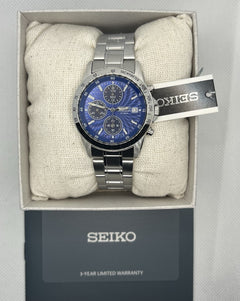 Seiko SBTQ071 Chronograph Stainless Steel Watch Sunburst Blue dial -New W Papers