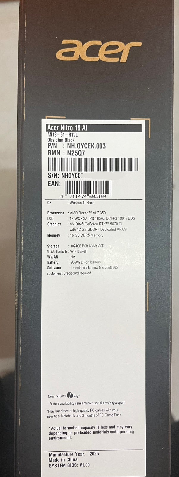 Acer Nitro 18 AI AN18-61 AMD Ryzen AI 7 350 16GB RAM 1TB SSD RTX 5070Ti 18" W11H