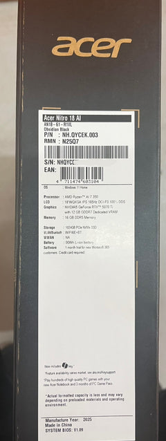 Acer Nitro 18 AI AN18-61 AMD Ryzen AI 7 350 16GB RAM 1TB SSD RTX 5070Ti 18" W11H