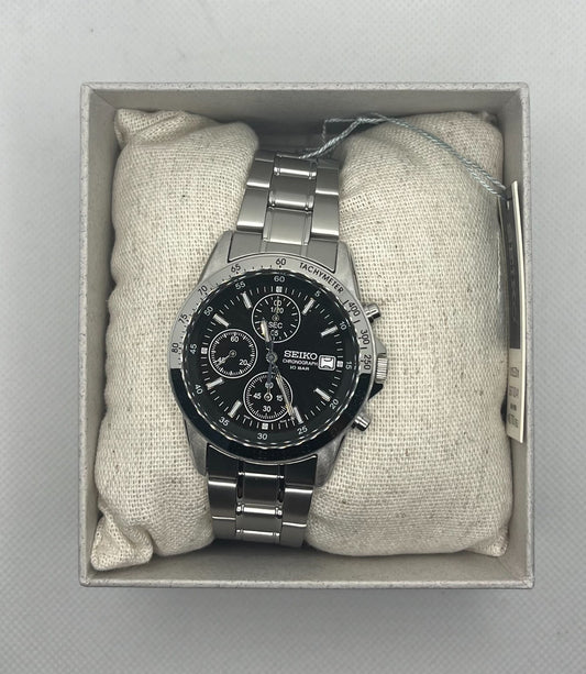 Seiko SBTQ041 Chronograph Stainless Steel Watch Sunburst Black dial-New W Papers